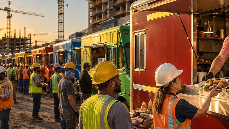 Food trucks catering crews at an industrial job site
