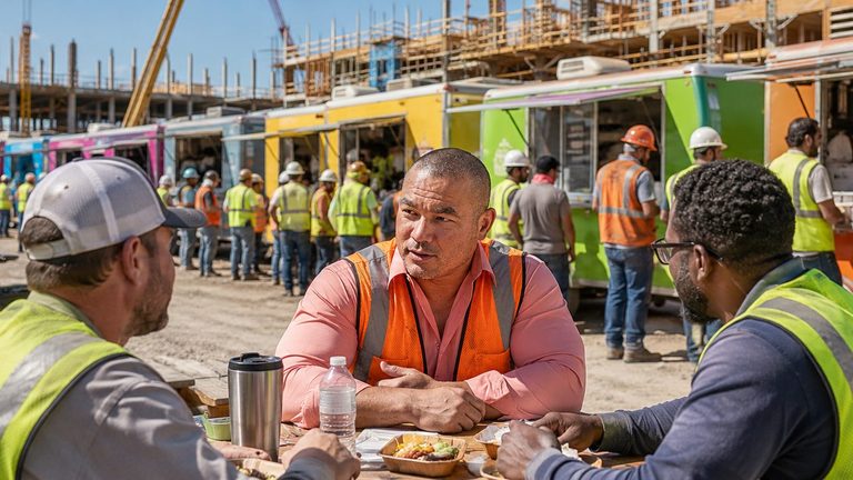 Food trucks catering crews at an industrial job site