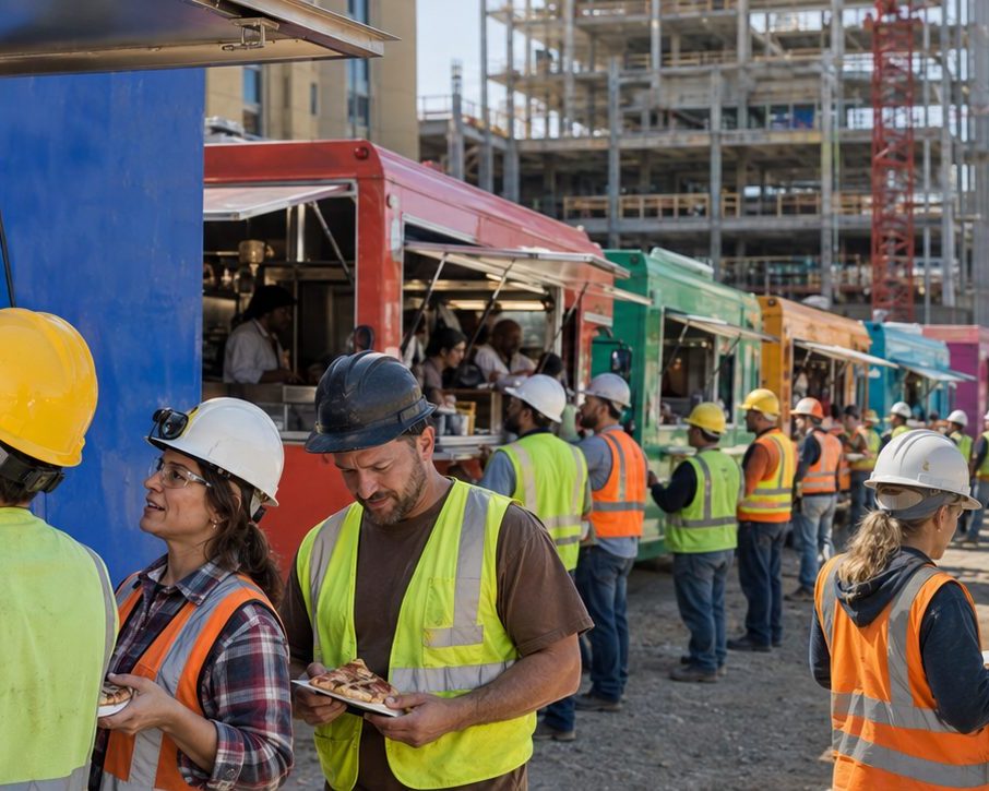 Food trucks catering crews at an industrial job site