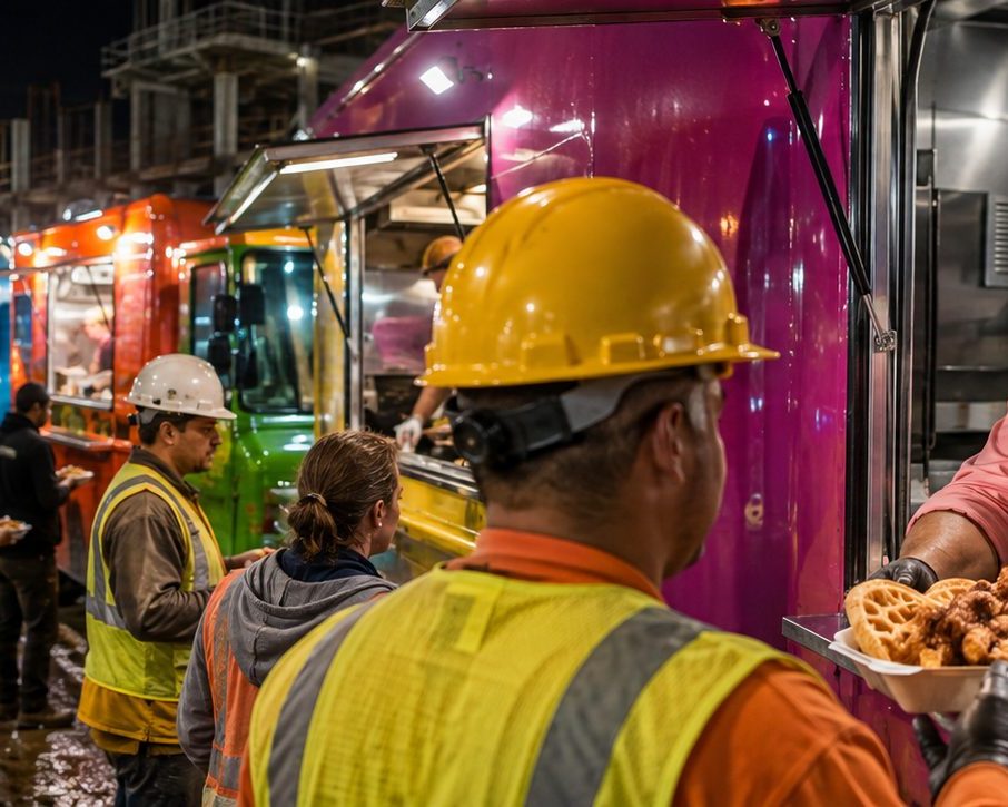 Food trucks catering crews at an industrial job site