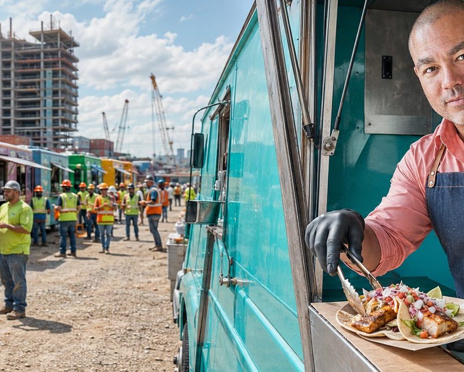 Food trucks catering crews at an industrial job site