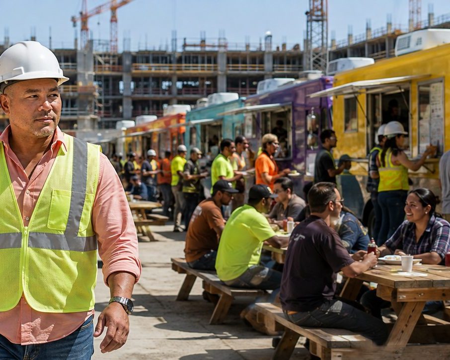 Food trucks catering crews at an industrial job site