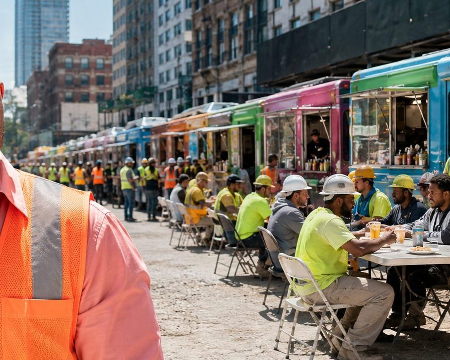 Food trucks catering crews at an industrial job site