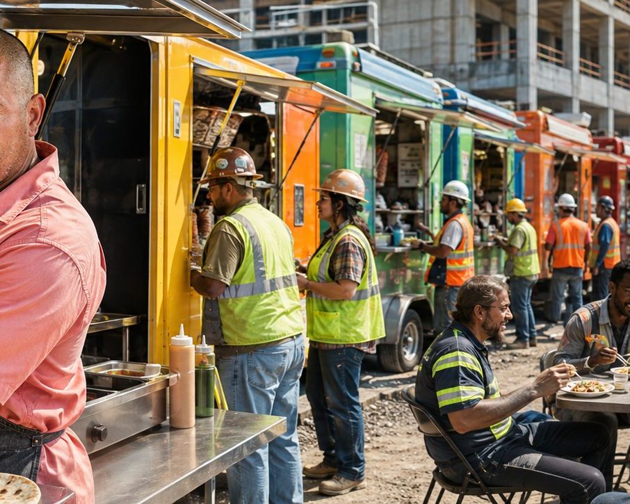 Food trucks catering crews at an industrial job site