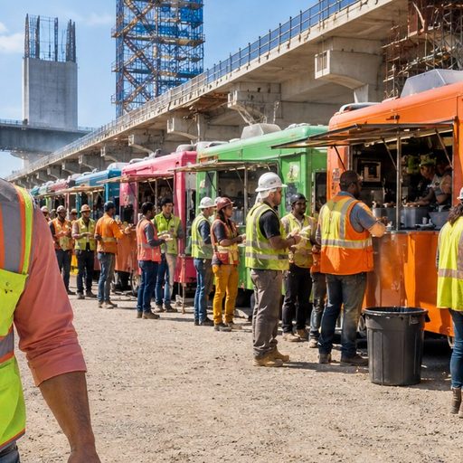 Food trucks lined up serving a busy construction site