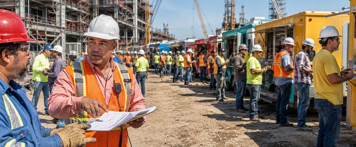 Construction crews queuing at job site food trucks