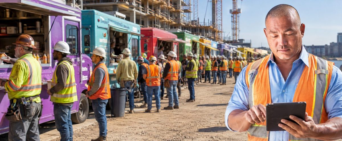 Food trucks serving lunch to a construction crew on site