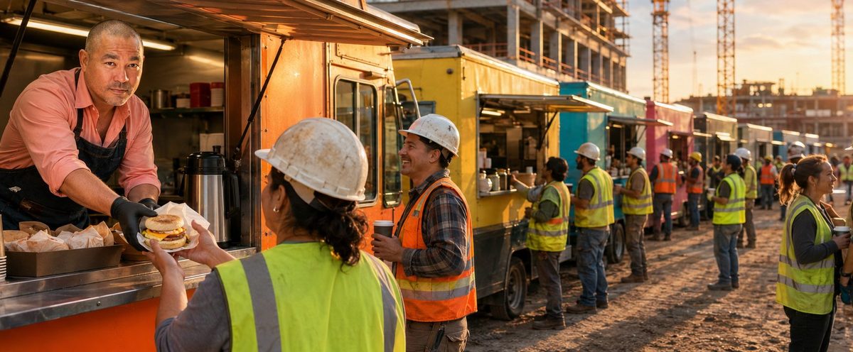 Food truck lunch service for job sites | Job Site Route Food trucks serving lunch to a construction crew on site
