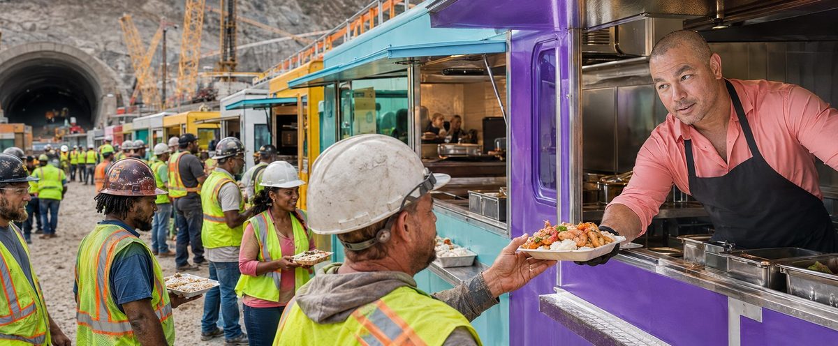 Food truck lunch service for job sites | Job Site Route Food trucks serving lunch to a construction crew on site