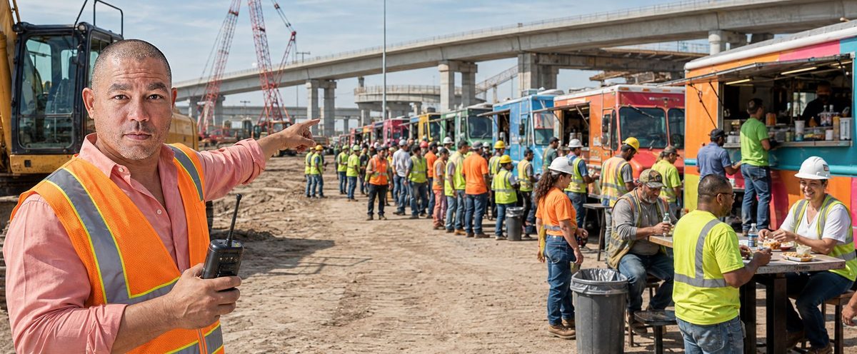 Food trucks serving lunch to a construction crew on site
