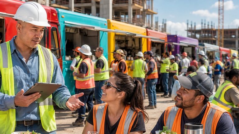 Food trucks serving lunch to a construction crew on site