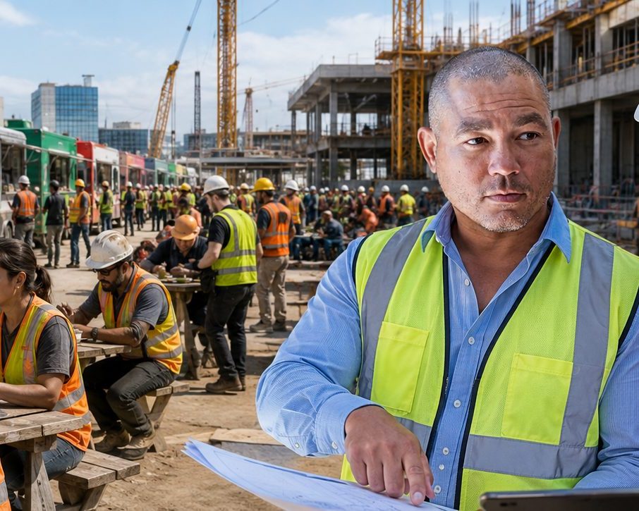 Food truck lunch service for job sites | Job Site Route Food trucks serving lunch to a construction crew on site