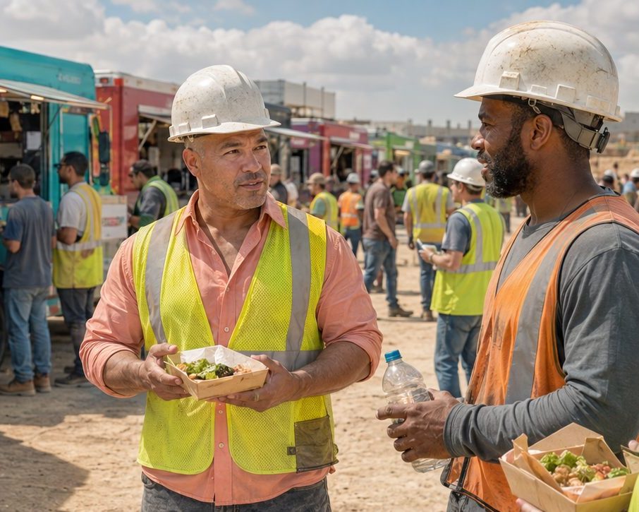 Food trucks serving lunch to a construction crew on site