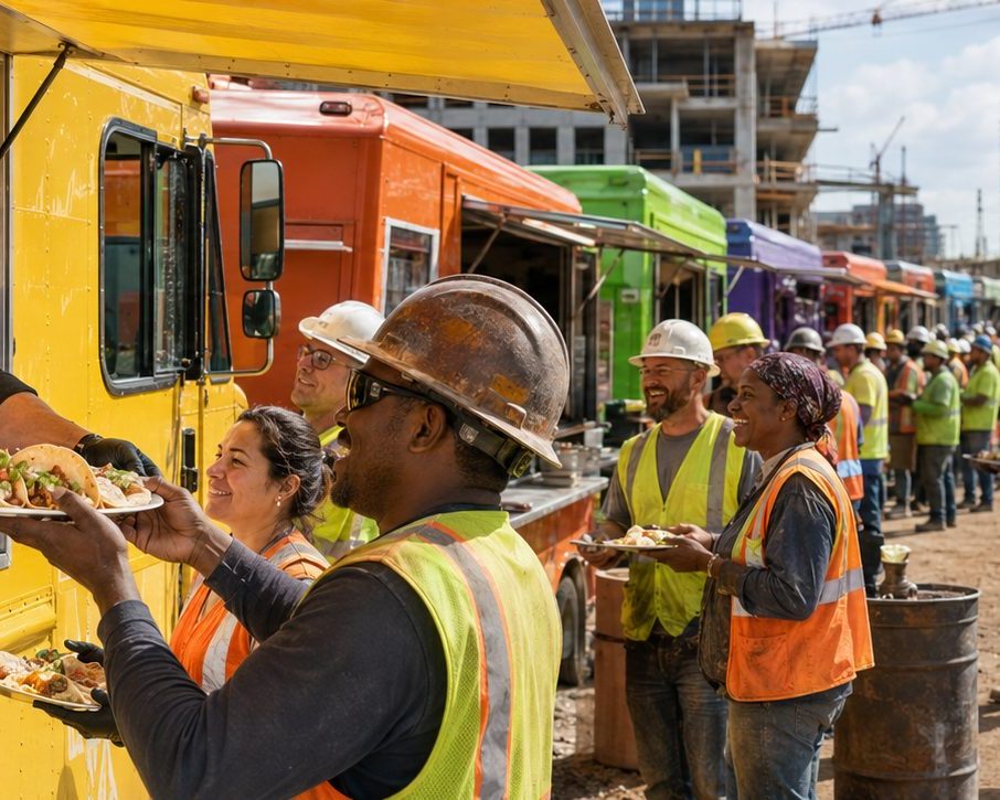 Food trucks serving lunch to a construction crew on site