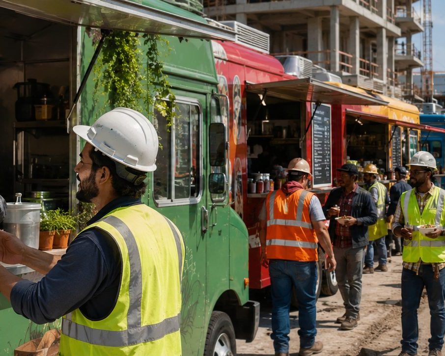 Food trucks serving lunch to a construction crew on site