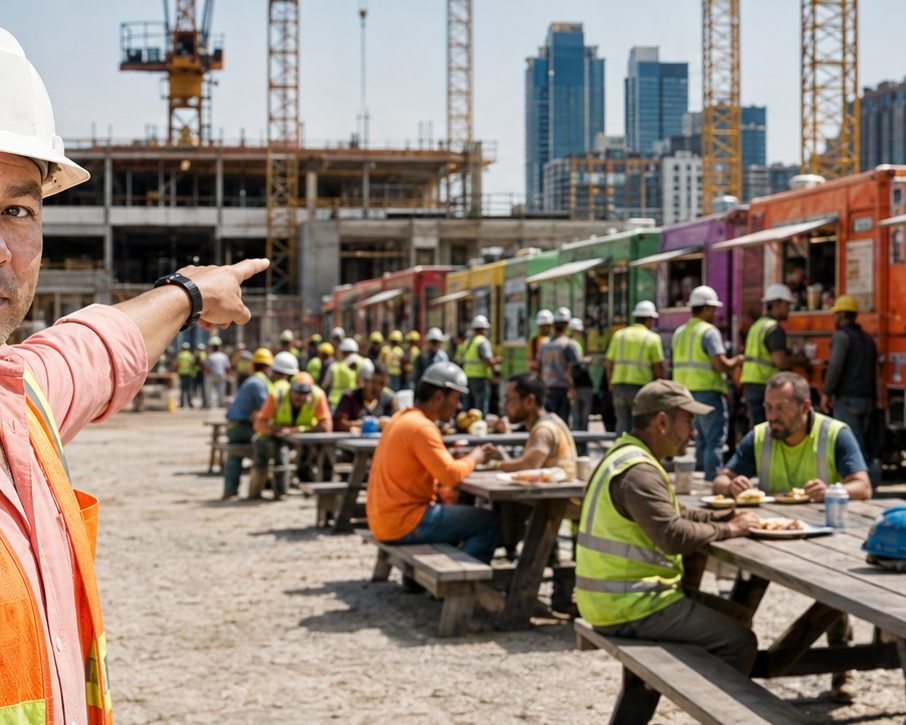 Food truck lunch service for job sites | Job Site Route Food trucks serving lunch to a construction crew on site